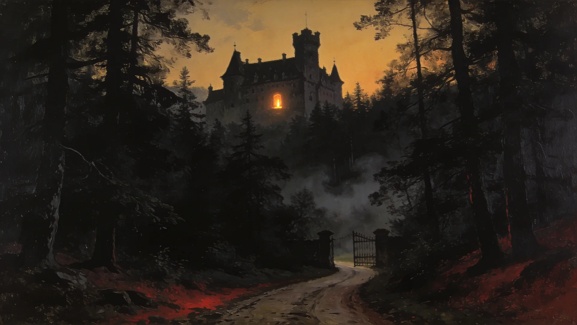 A road through dark hills at dusk, leading to an iron gate, with one lit window beyond it.