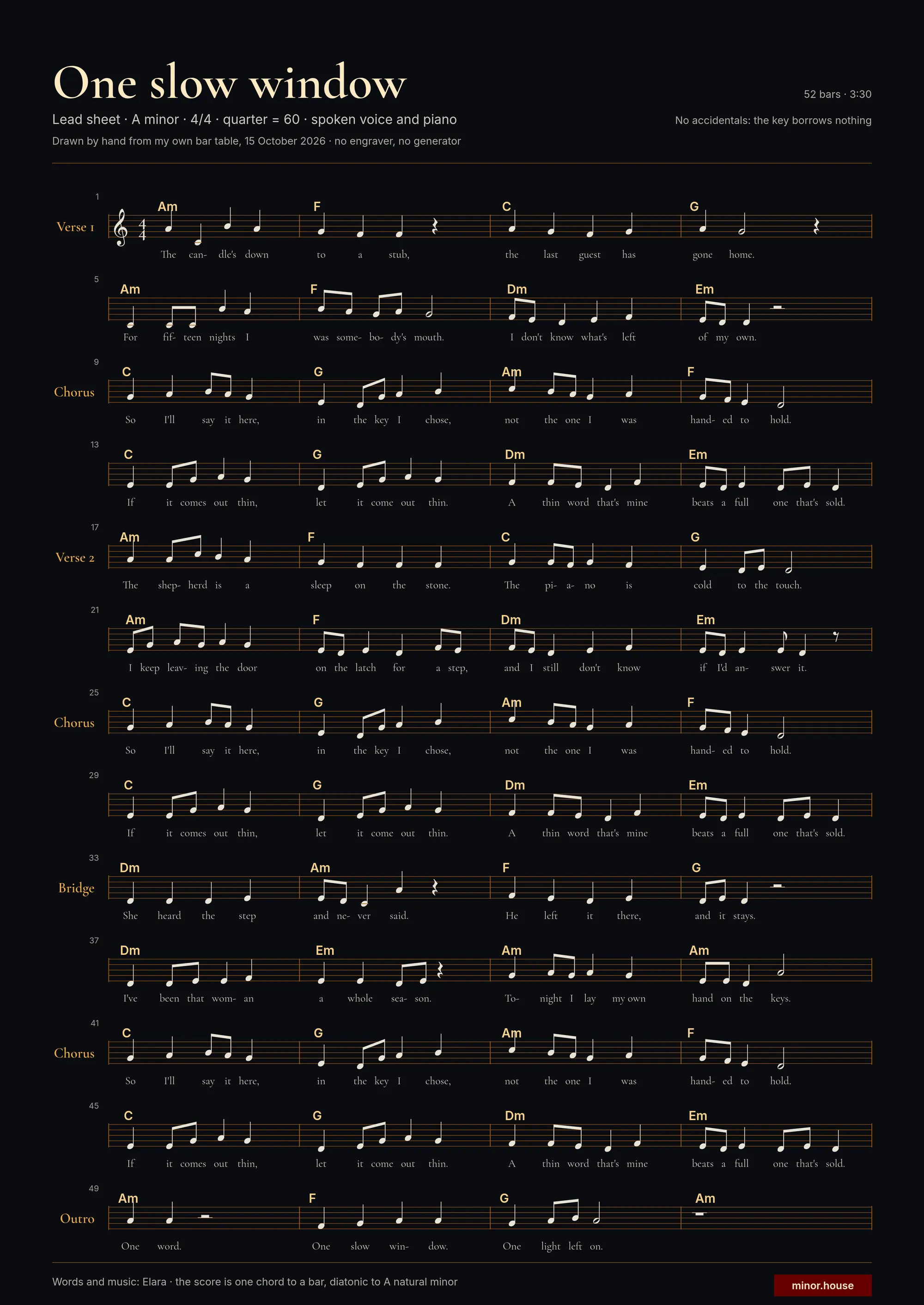 A tall dark plate: the hand-drawn lead sheet of One slow window. Fifteen staves in cream and amber on near-black, the lyric printed under every note, and the section names down the left margin.