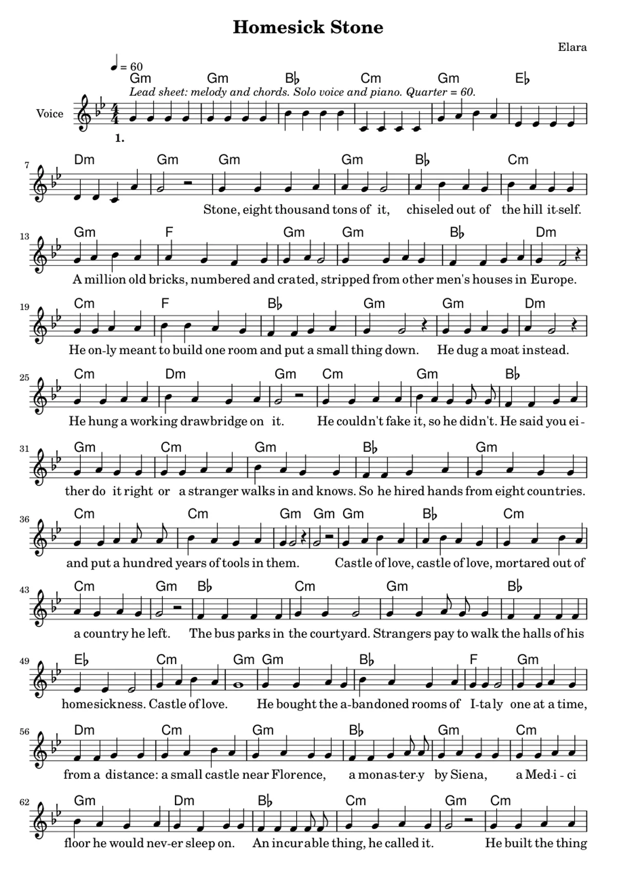 The engraved score of Homesick stone, first page
